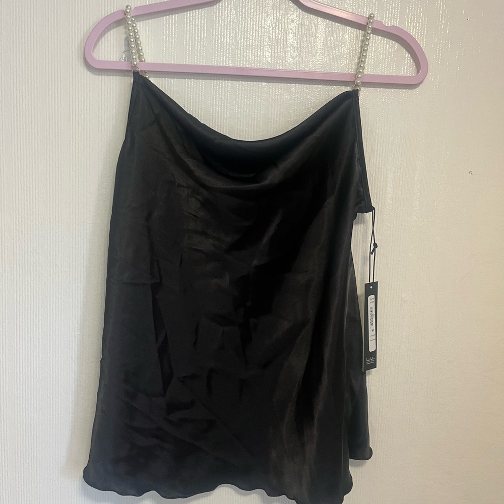 Nicole Miller Black Satin Cowl Neck Camisole with Pearl Straps